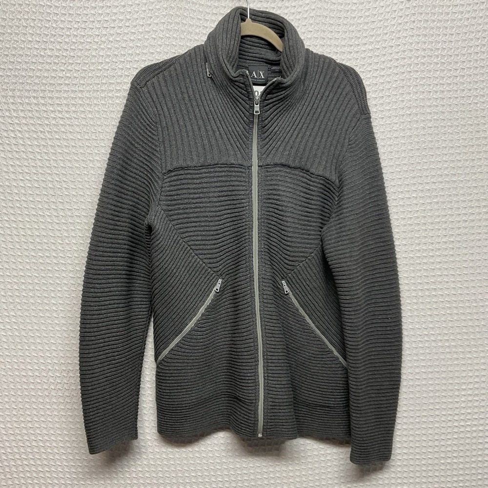 Armani Exchange Sweater Mens Medium Gray Full Zip Knit Jacket Hooded Ribbed Knit